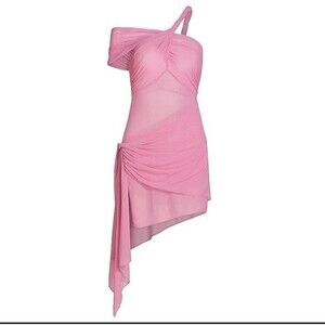 Ronny Kobo Izel Asymmetrical Off the Shoulder Sheer Pink Mini Dress Large